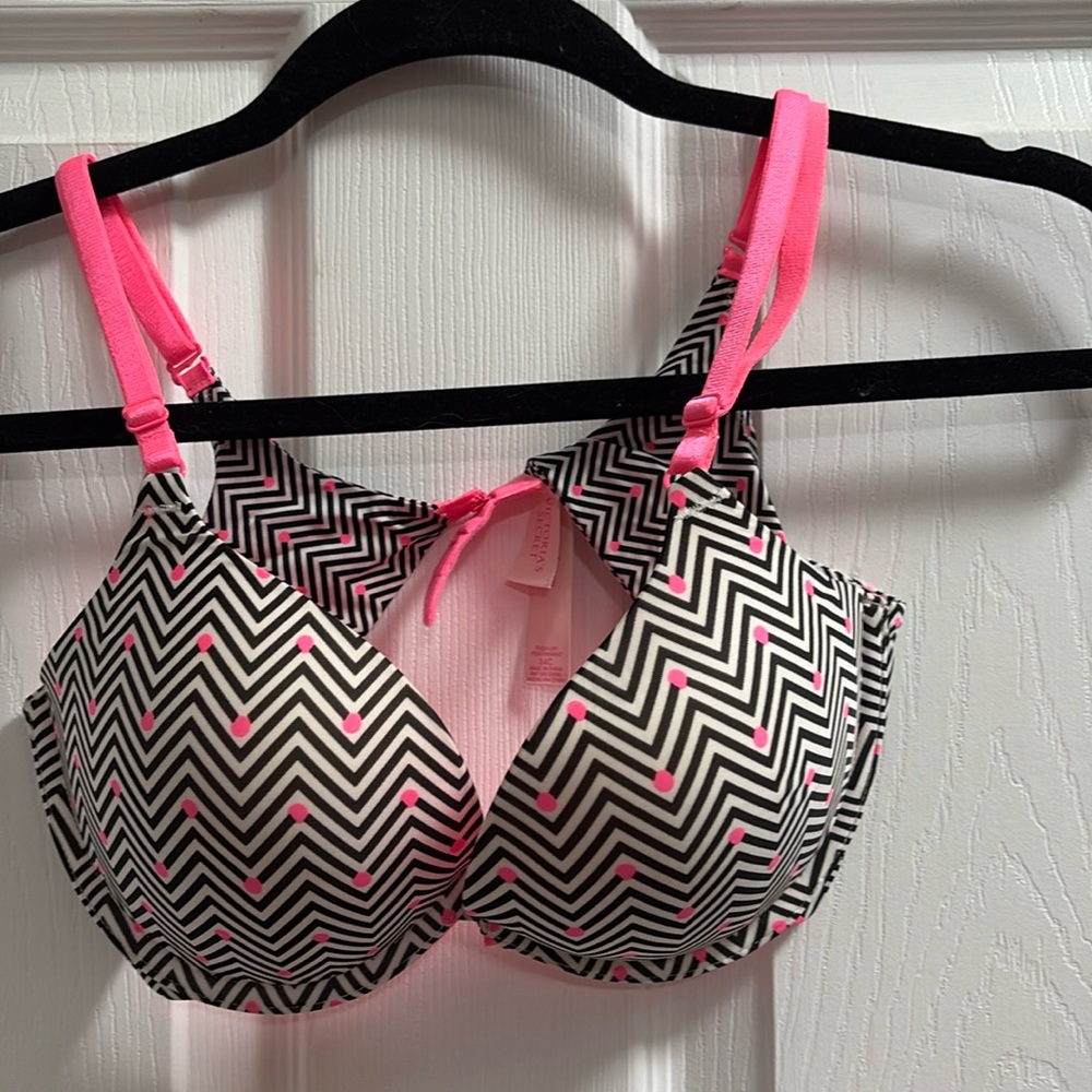 Fluorescent pink with black-and-white design Victoria’s Secret bra